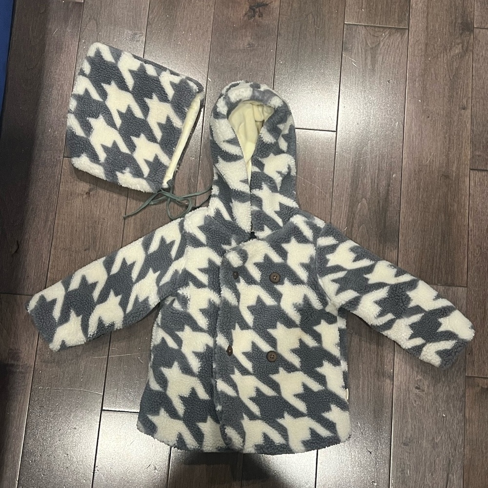 Kids Houndstooth Pattern Sherpa Jacket - Gray and White